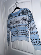 Disney Stitch Girls 14-16 Blue Fair Isle Knit Pullover Crewneck Sweater