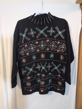 Victoria Jones Vintage Mockneck Tunic Womens L Beaded Stone Native Southwestern