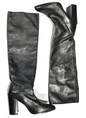 Stuart Weitzman Scrunchy Black Leather Knee High Tall Heeled Boots Black US 7
