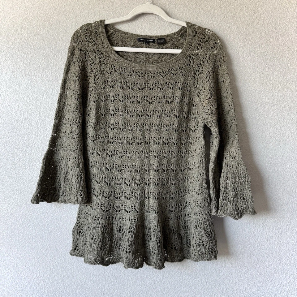 Jeanne Pierre Open Crochet Knit Top Size L Flare Sleeve Fairy Cottagecore Boho - Image 2 of 4