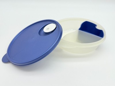 Blue Tupperware 6-1/2'' Divided Microwavable Storage Dish #3859 Vented Lid #3649