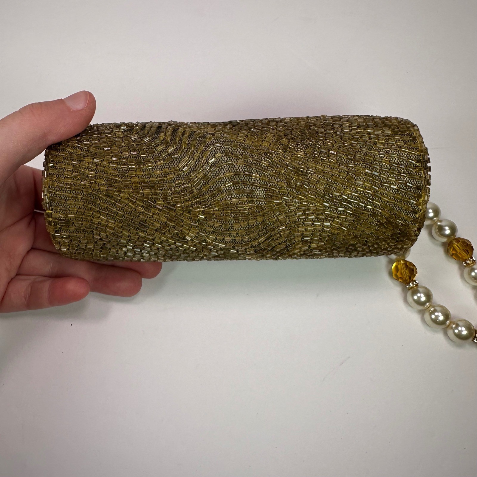 Yilin Gold Beaded Evening Bag Clutch with Faux Pearl Wristlet