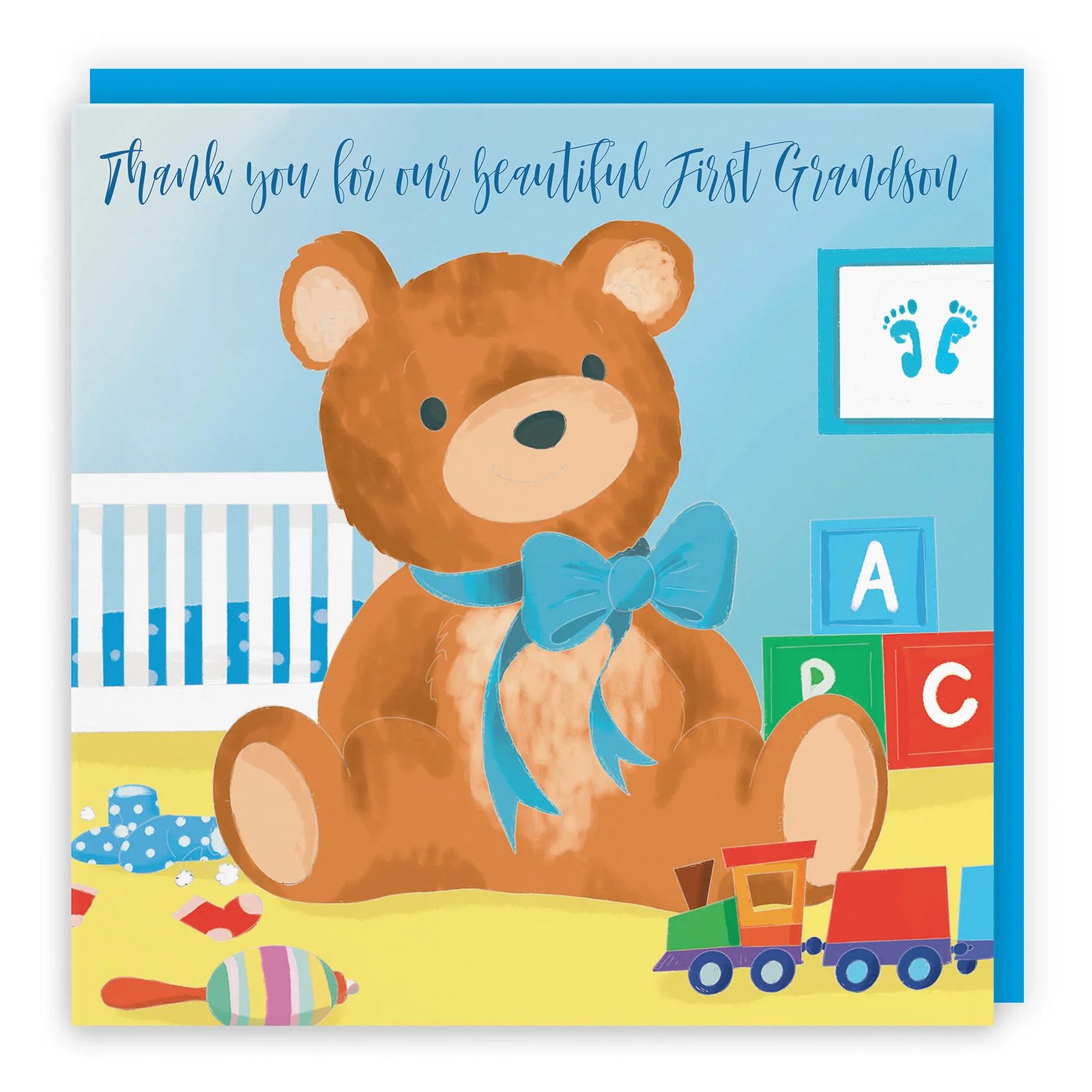 New Baby First Grandson Thank You Card Blue Teddy Bear Classic