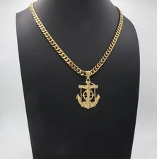 Gold Anchor Jesus Necklace, 14k Gold Plated, 7mm Curb Chain, No Fade