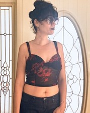 Vintage Timing Black Red Dragon Semi-sheer Tulle Straps Crop Top Mesh Rave Goth