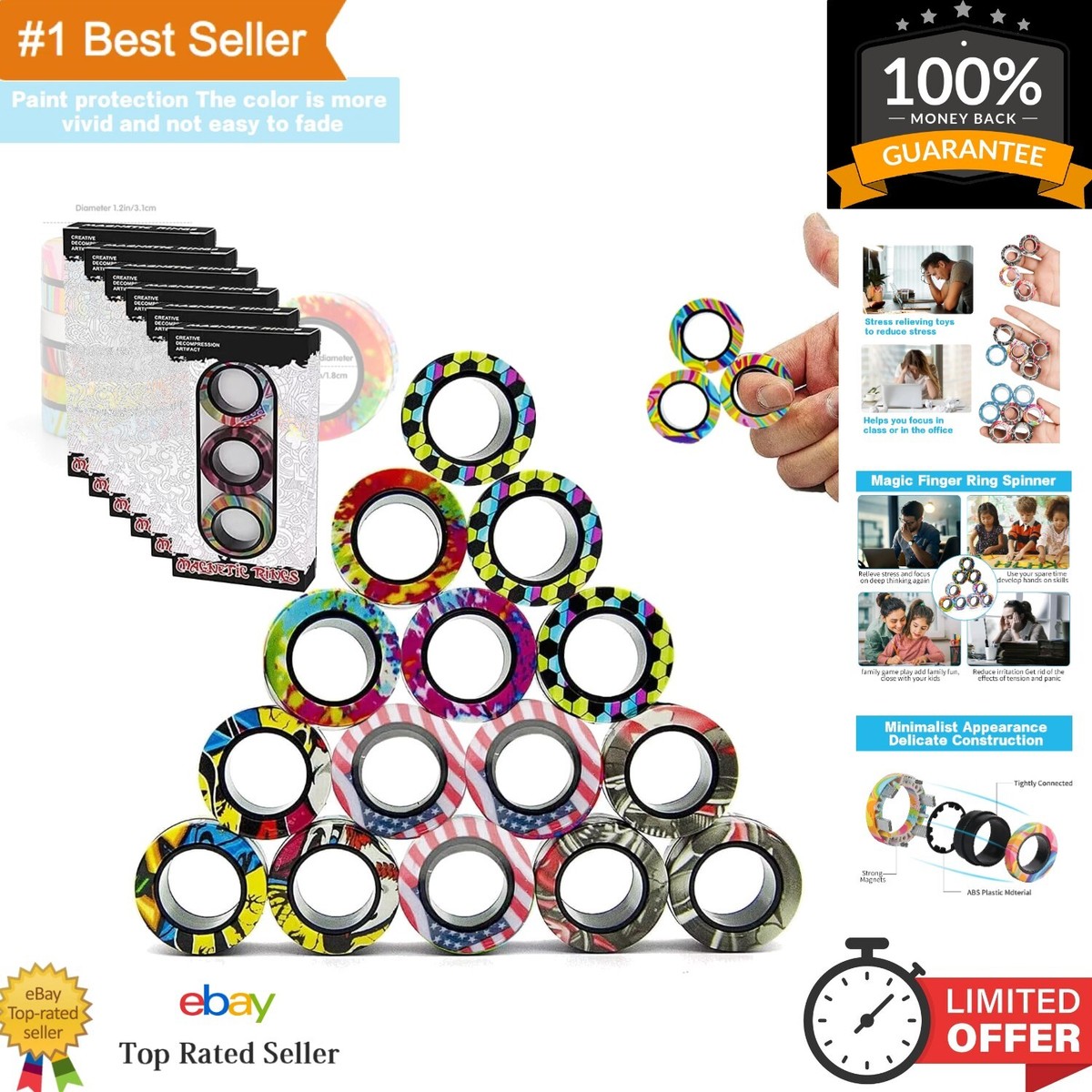 Magnetic Fidget Rings Set of 18 Perfect for Stress Relief and Motor Skills