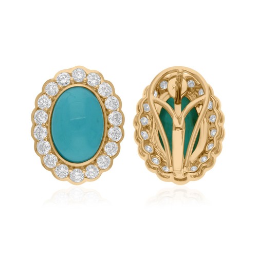 7.47 TCW Turquoise Lab Grown CVD Diamond Oval 14k Yellow Gold Stud Earrings Gift - Picture 4 of 7