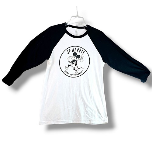 VTG Y2K Mickey Mouse Defiant Harris T Shirt Sz L White 3/4 Slvs Keep On Truckin