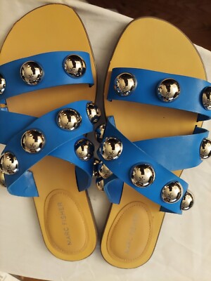 MARC FISHER Womens Blue Heel Studded Bryte Round Toe Slip On Slide Sandals  M