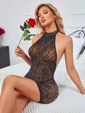 Sexy Rhinestone Backless See Through Mini Black Dress Bodycon Babydoll Sleepwear