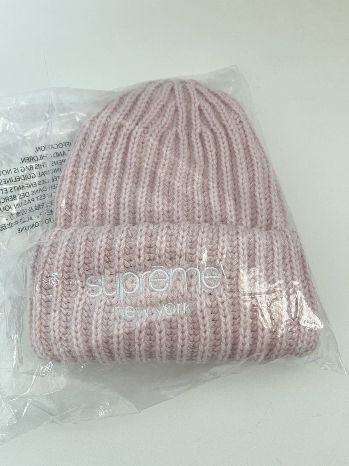 Bonnet côtelé épais logo Supreme Classic rose clair neuf