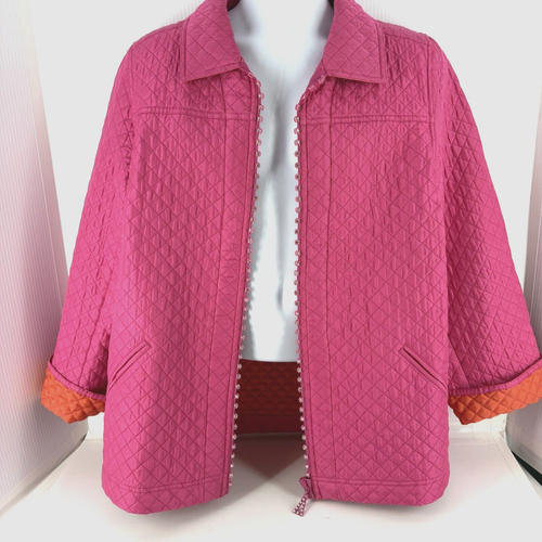 The Quacker Factory Jacket Women Lrg Bright Pink Silk Quilted Rhinestone Puffer - Picture 5 of 11