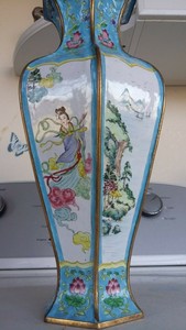 ANTIQUE Brass Cloisonne 6 PANEL 13" VASE - URN - Jardiniere - Handpaint ART