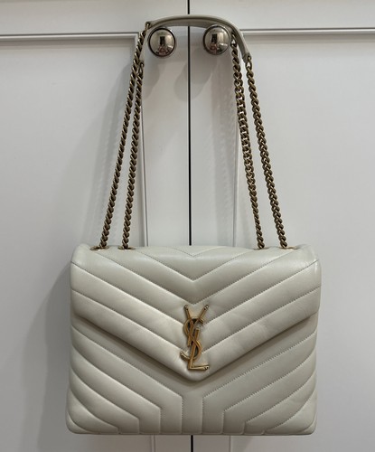 YSL Saint Laurent White Matelasse Leather Medium LouLou Shoulder Bag