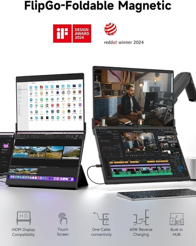 JSAUX Flipgo 16" 2.5K Dual Touchscreen Portable Monitor, Triple Laptop Touch IPS - Picture 7 of 8