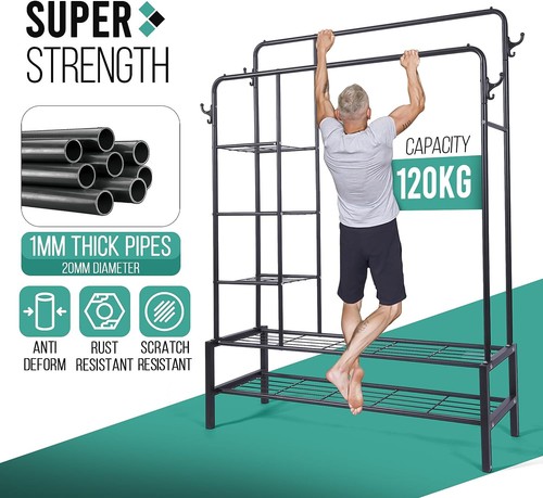 Heavy Duty Clothes Rail 120Kg Load Sturdy Clothes Rack with Shelfs & Shoe Rack - Picture 2 of 12