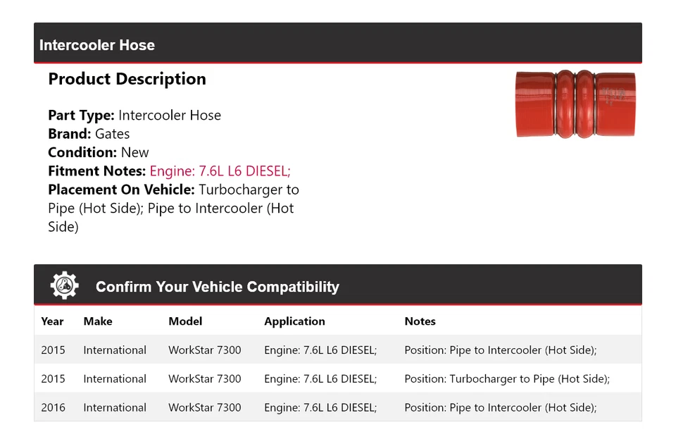 Puertas de manguera intercooler diésel International WorkStar 7300 2015-2016 7,6 L L6 Foto 2 de 4