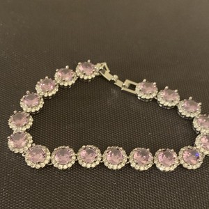 Silver Plated Tennis Bracelet Pink Round Crystal Halo Setting Box Clasp