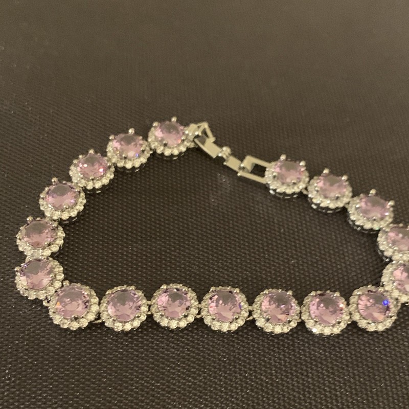 Silver Plated Tennis Bracelet Pink Round Crystal Halo Setting Box Clasp