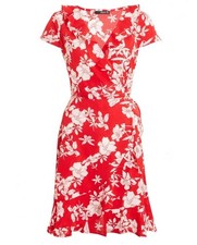QUIZ Red Floral Crepe Mock Wrap Knee Length Dress Size UK 14