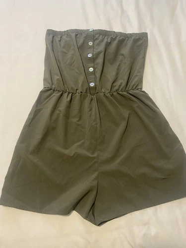 CISONO Women Green Solid Strapless Button-Front Romper Elastic Waist Size L
