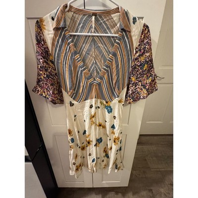 Free People Mixed Print Mini Dress Floral Striped V-Neck Boho Size 2