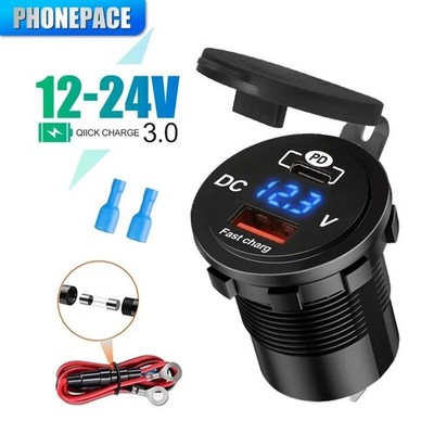 1SET 60W PD QC3.0 Car Charger Socket with Voltage Meter Quick Charge 3.0 Socket