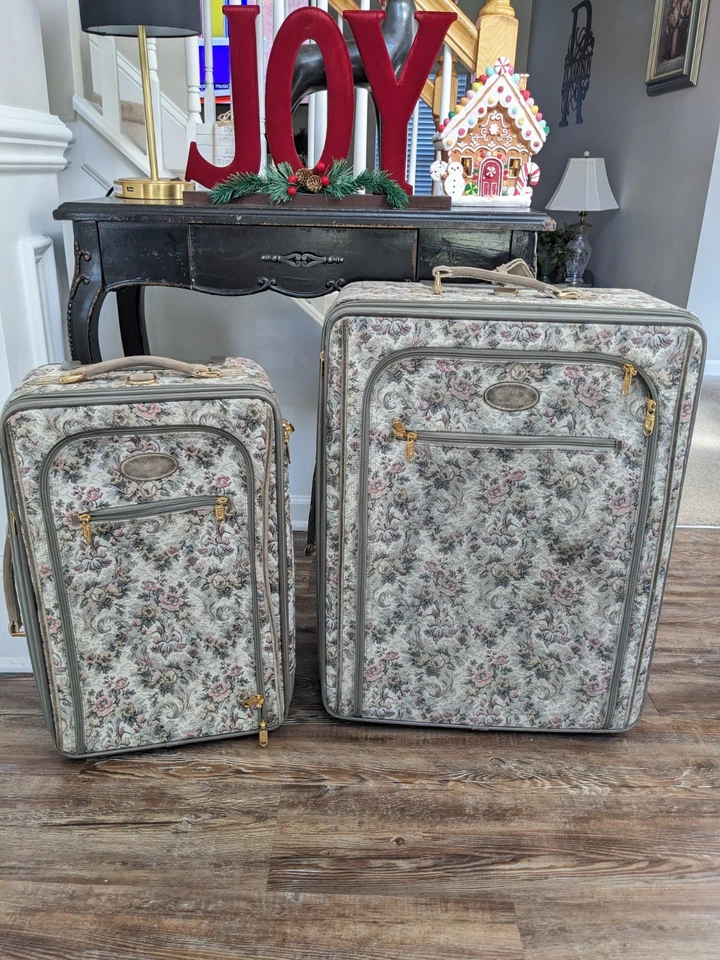Vintage French Luggage Co 8 Pc Set Gray Floral Rose Tapestry Suede Leather USA - Image 3 of 4