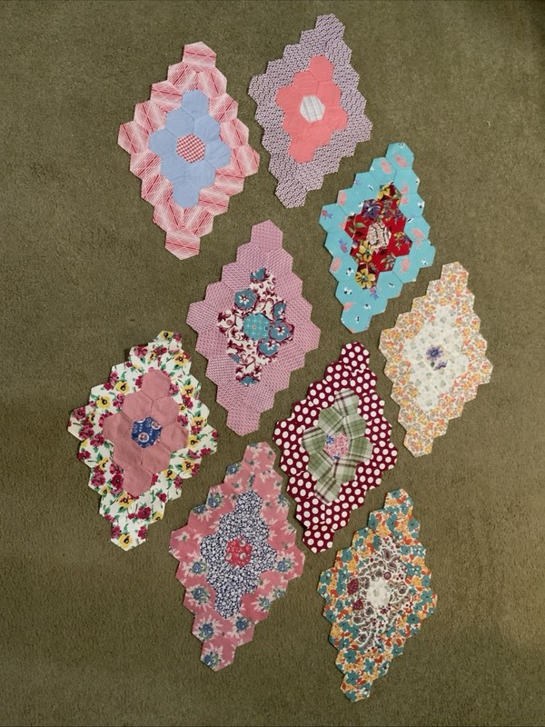 Lot Of Nine Vintage Hexagon Hand Pieced Pieced Quilt Pieces