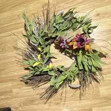 Artificial Sunflower Wreath with Green Leaves, Purple Yellow Flowers, Burlap