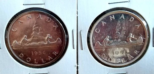 Lot Of 2 1951 & 1954 Uncirculated Canada 80% Silver Dollars 1.2 Troy Ounce