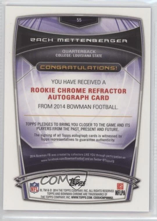 2014 Bowman Rookie Chrome Refractor Blue Border /99 Zach Mettenberger Auto RC - Image 2 of 2