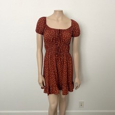 ASOS Size 14 Brown White Polka Dot Print Babydoll Shirred Puff Sleeve Mini Dress