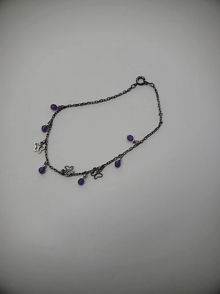Pulsera tobillera vintage tono plata púrpura mariposa joyería disfraz Foto 3 de 4