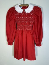 Vintage Girls 8 Polly Flinders Red Dress Smocked Christmas Long Sleeve Rose Bow