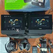 Insignia Dual-Screen 7” Portable DVD Player w/ 2 Headphones, Accessories & Case