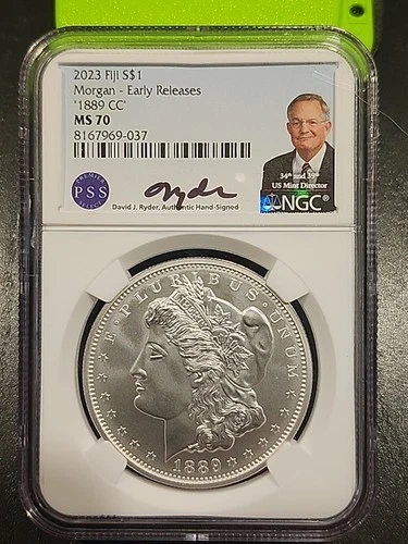 2023-CC Morgan Silver Dollar Fiji - "1889-CC" NGC MS70 /Signed D. Ryder