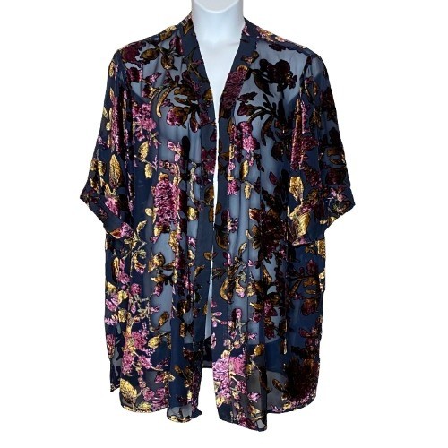 Catherines Womens Floral Burnout Velvet Kimono Sz 2X 3X Blue Dark Romantic Sheer