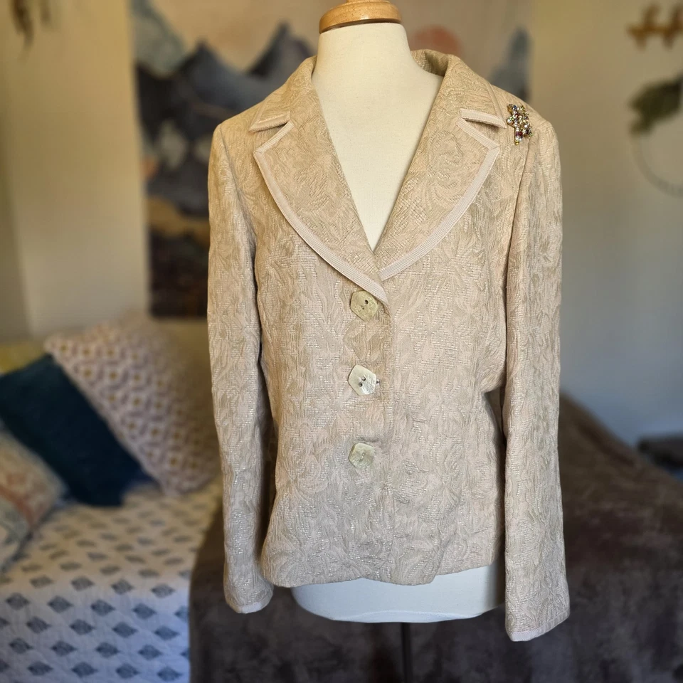 Dana Buchman Blazer Jacket Womens 16 Wool Cotton Alpaca Blend Textured Beige - Image 2 of 4