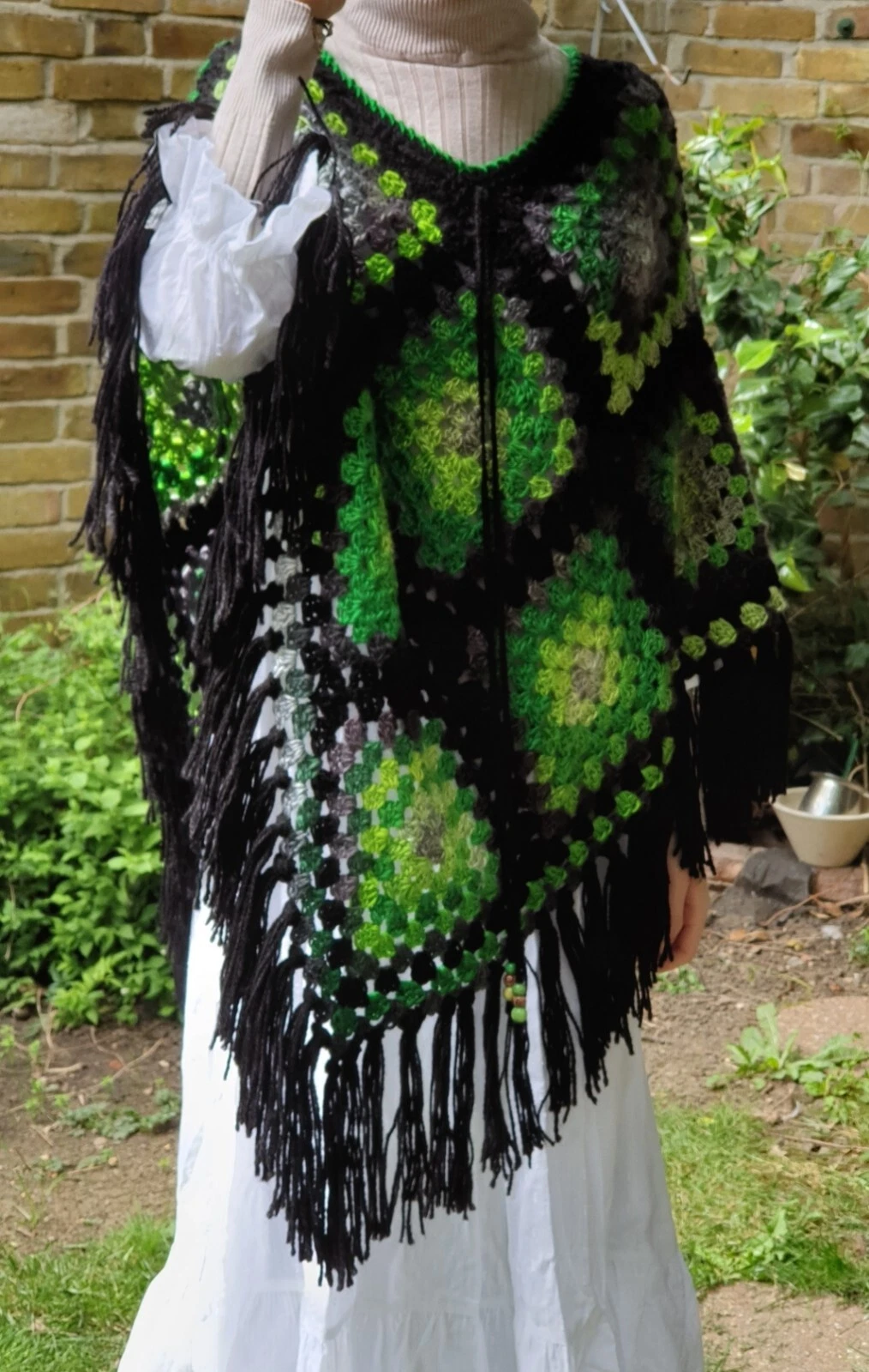 Hand made Crochet granny square Poncho boho Hippie kelly green ombre one size.