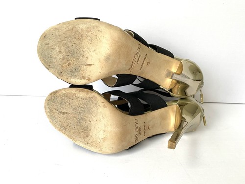 JIMMY CHOO GOLD LEATHER AND BLACK ELASTIC STRAP SANDALS, SIZE 39 - Picture 11 of 11