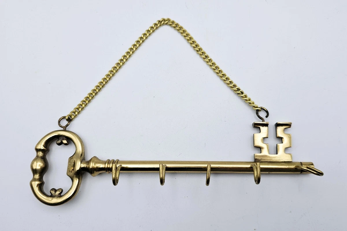 Vintage Solid Brass Skeleton Key Holder w Hooks 8.5