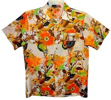 Sz M Vintage 1970s Hawaiian Disco Shirt Hand-Sewn Poly Tropical Floral Tan Multi