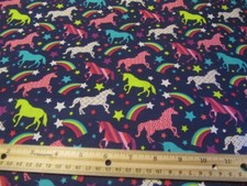 Navy Blue With Multicolored Unicorns Cotton Fabric By The Yard