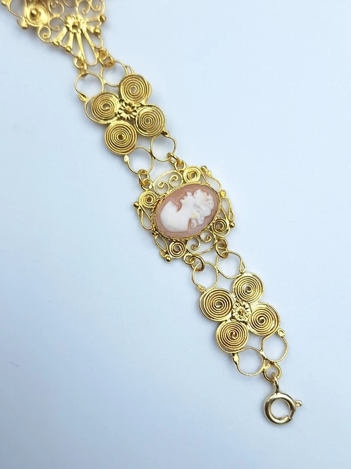 Bracciale cammeo conchiglia stile Vittoriano Argento 925 Oro 18 Kt Vintage Cameo - Immagine 4 di 4