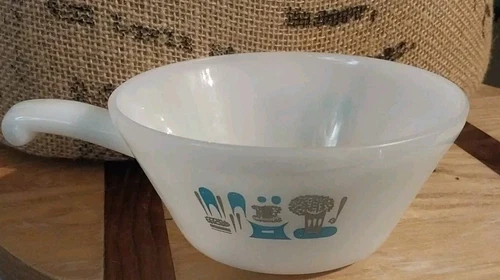 Vintage FIRE KING Atomic MCM Handled Bowl, White With Blue and Gray Decorations