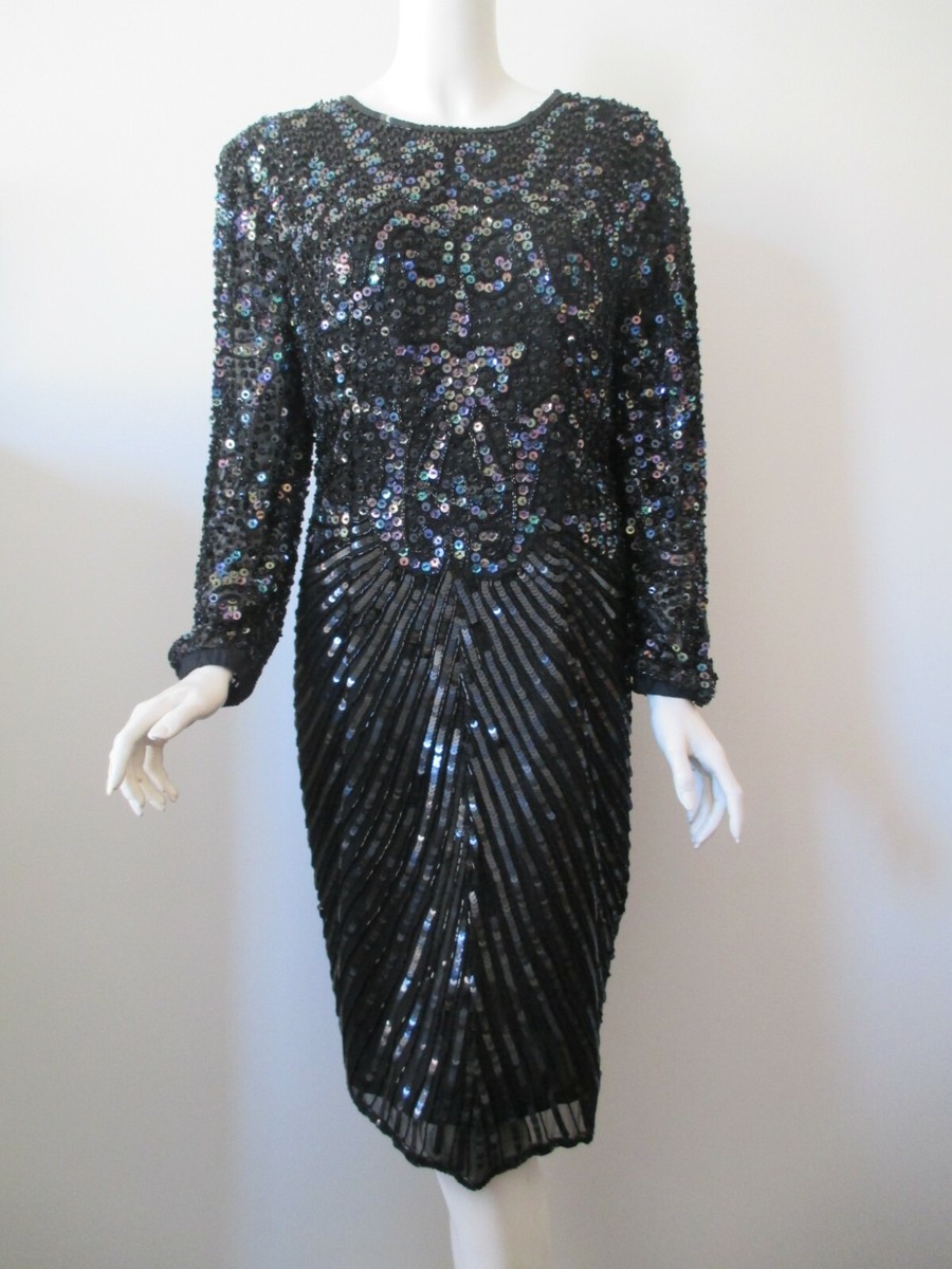 Vintage SWEE LO Black Hand Sequin Beaded Slim Fit Evening Party Dress L |  eBay