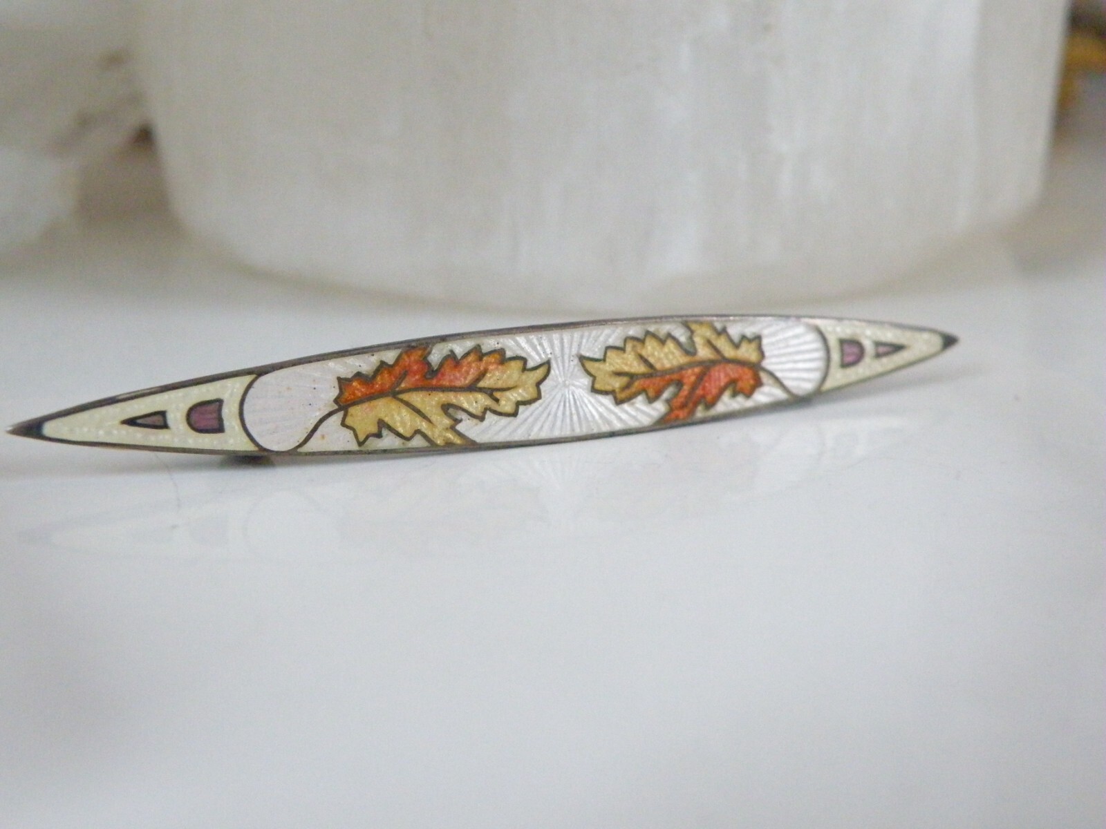 Vintage Sterling Silver 925 Antique Guilloche Enamel Leaf Pin Brooch