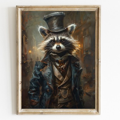 0_Herren Waschbär Vintage Portrait trägt Kleidung Druck Renaissance Tier He