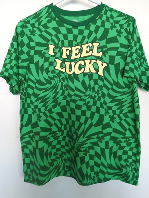 Size M/L green psychedelic print ''I feel lucky'', shamrock. see photos. Excellent